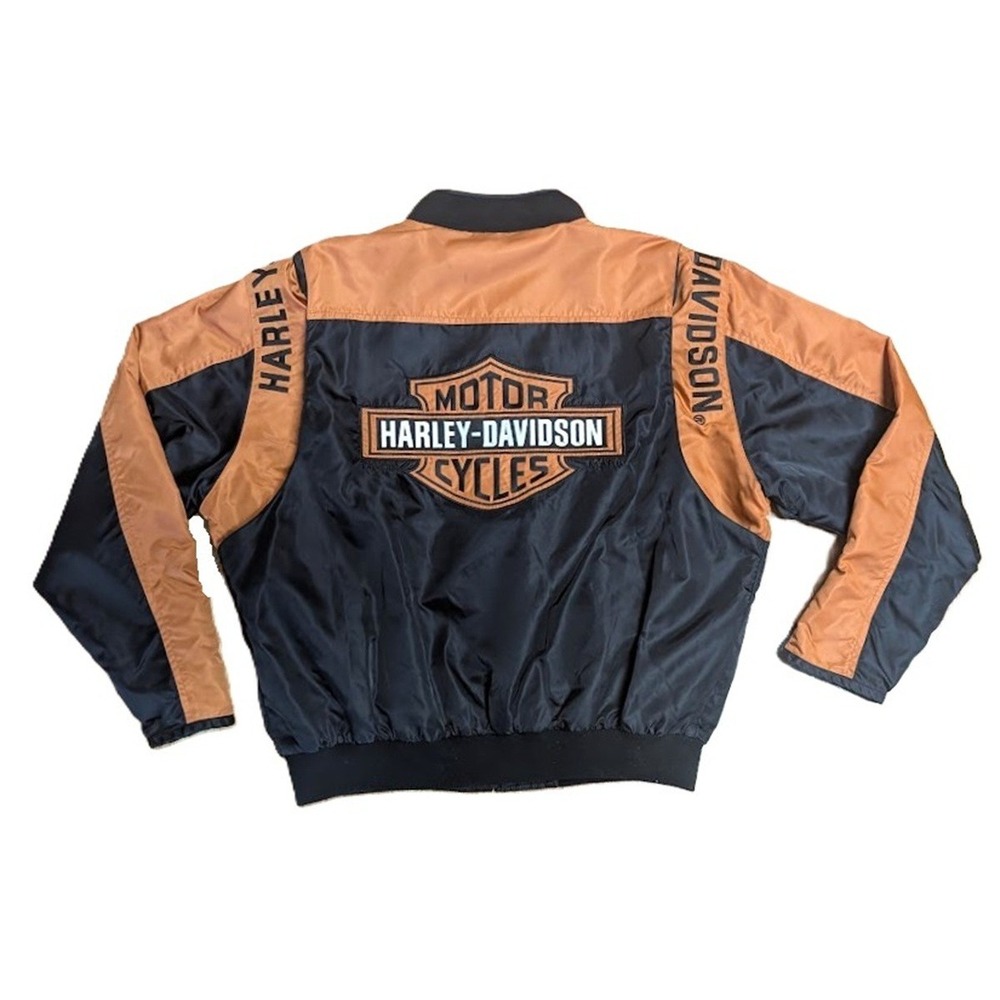 Vtg Harley Davidson Riding Full Zip Black Orange Shield Nylon Bomber Jacket XL